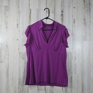 dots purple vneck blouse with ruffled sleeves women's plus size 1X